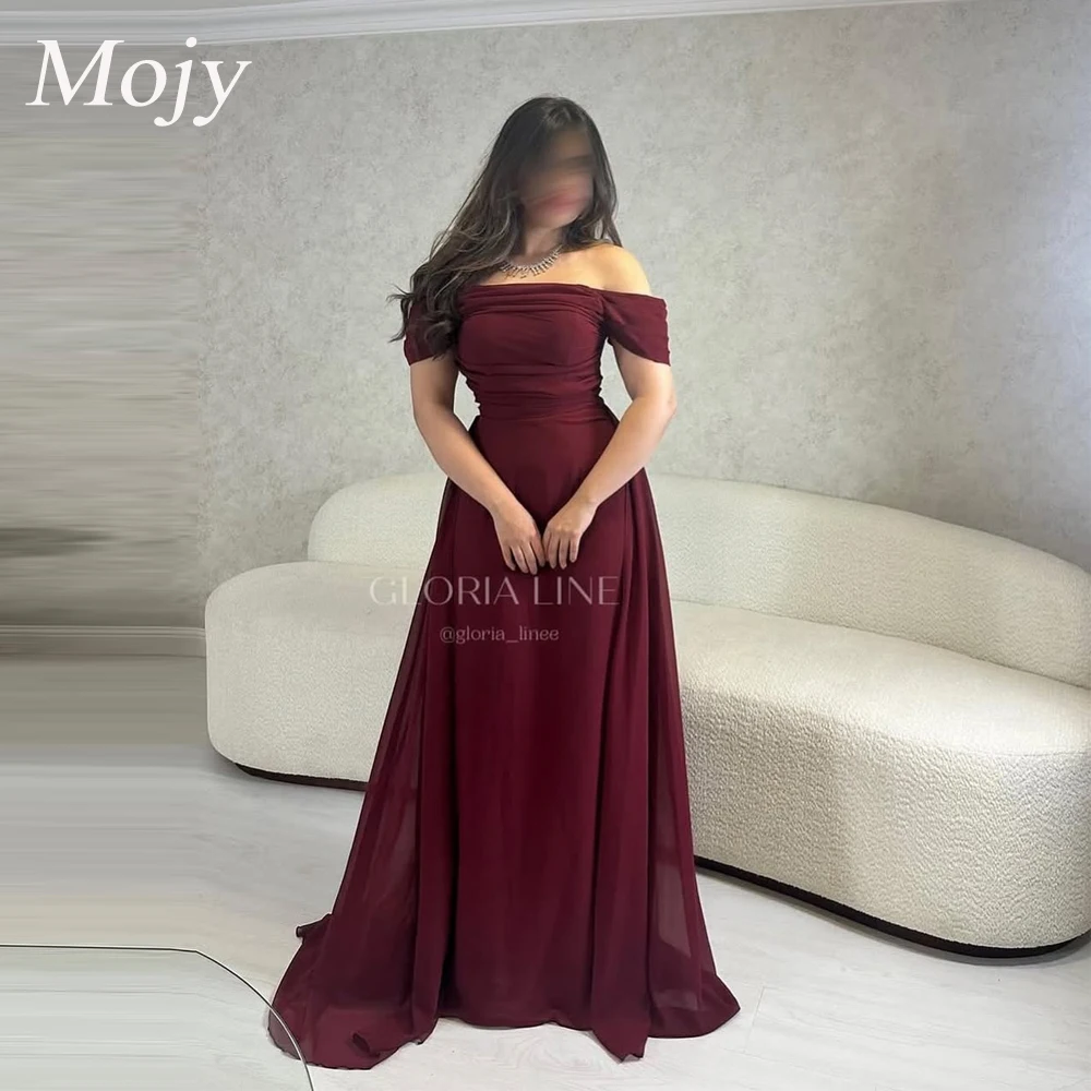 Mojy Arabische Abendkleider für Hochzeit, Party, schulterfrei, maßgeschneidert, Chiffon, Burgunderrot, Meerjungfrau, formelle Promi-Abschlussballkleider