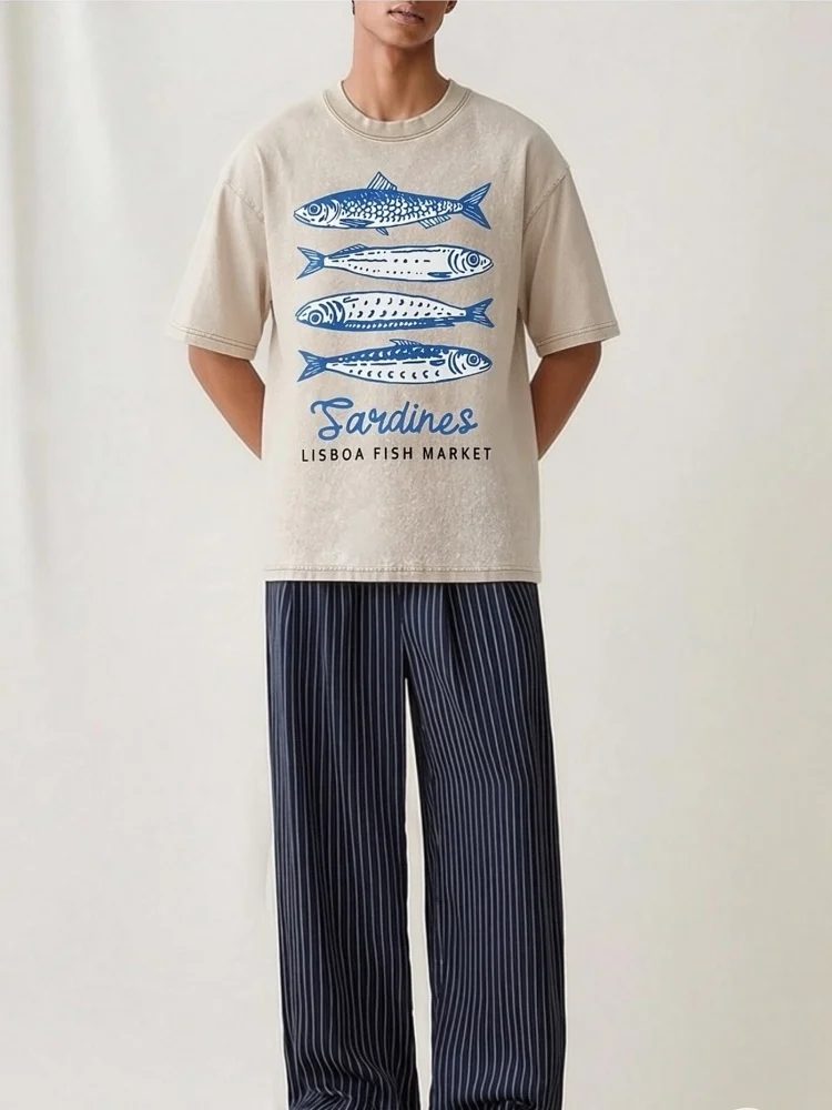 Vintage Sardines Lisboa Fish Market Wash Japanese Design T-Shirt Holiday Summer Unisex Pure Cotton High Quality Tees Outfits