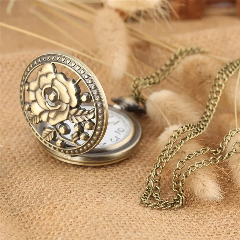Retro Pocket Watch with Hollow Out Flower Case Quartz Movement Clock Arabic Number Display with Sweater Necklace Chain