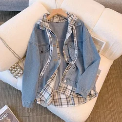 Casual Hooded Denim Jacket Women's Spring And Autumn 2024 New Loose Students Joker Fake Two Explosive Jacket Tops