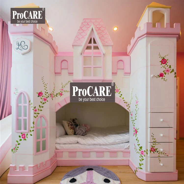 ProCARE New Design White Color Kids Castle Bunk Bed with drawers and slide Children Playing Beds