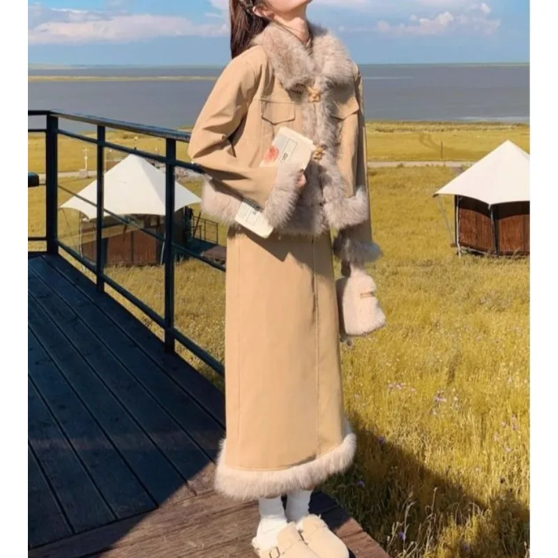 

Khaki Coat with Cotton Fashion Suit Skirt Women's Winter Small Fragrant Style Korean Skirt Thickened Two-piece Set