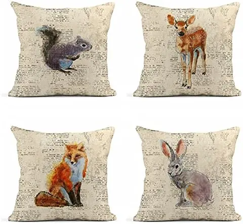 Linen Throw Pillow Covers Autumn Rabbit Deer Fox Squirrel Animals Home Decor Pillowcase Square Cushion Covers for Sofa Bed Couch