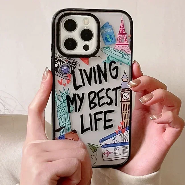 2.0 Version Acrylic Upgrade Border Living My Best Life Phone Case Cover for IPhone 11 12 13 14 15 16 Pro Max Case