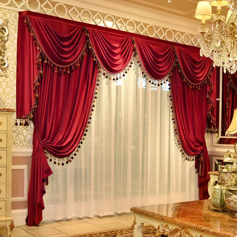 

European Style Velvet Red Curtains Valance Curtains for Living Room Bedroom Marriage Room Bay Window Custom