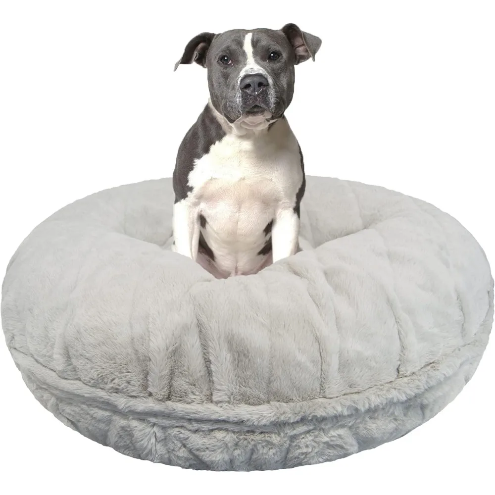 

Bagel Dog Bed - Extra Plush Faux Fur Bean Circle Waterproof Lining & Removable Washable Cover Calming Bed