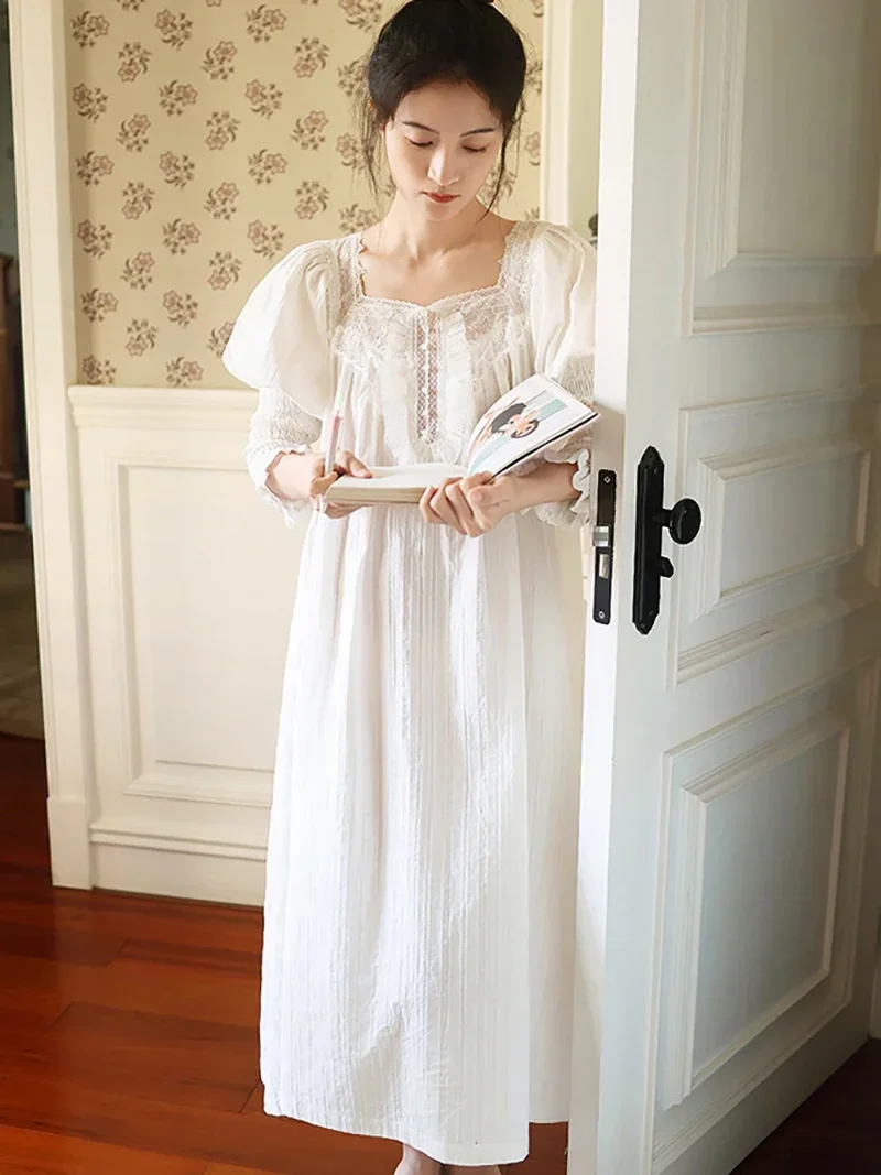 Women Pure Cotton French Fairy Pajama Nightdress Vintage Long Sleeve Mesh Spring Autumn Victorian Princess Nightgowns Sleepwear