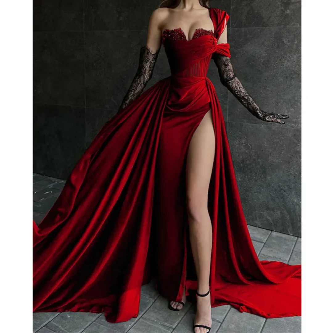 ローズレッドサイドハイスプリットマーメイドイブニングドレス恋人ステインフォーマルオケージョンドレスワンショルダープロムドレスカスタマイズ