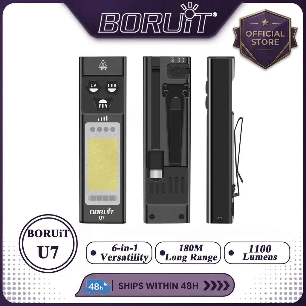 BORUiT U7 1100LM 6-in-1 Super EDC Flashlight  UV LED 180M Range Rechargeable Power Bank Work Light Torch RGB Lamp Magnet Pocket