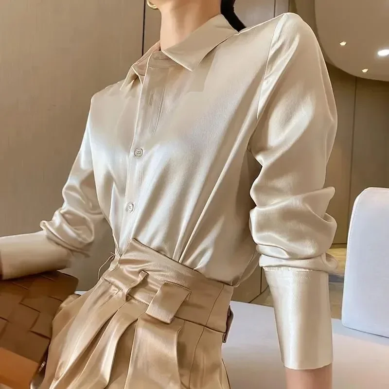 POCZCIY 2024 Autumn Fashion Women\'s Casual Elegant Satin Long Sleeved Shirt Office Women\'s Shirts And Blouses Slim Femal Clothes