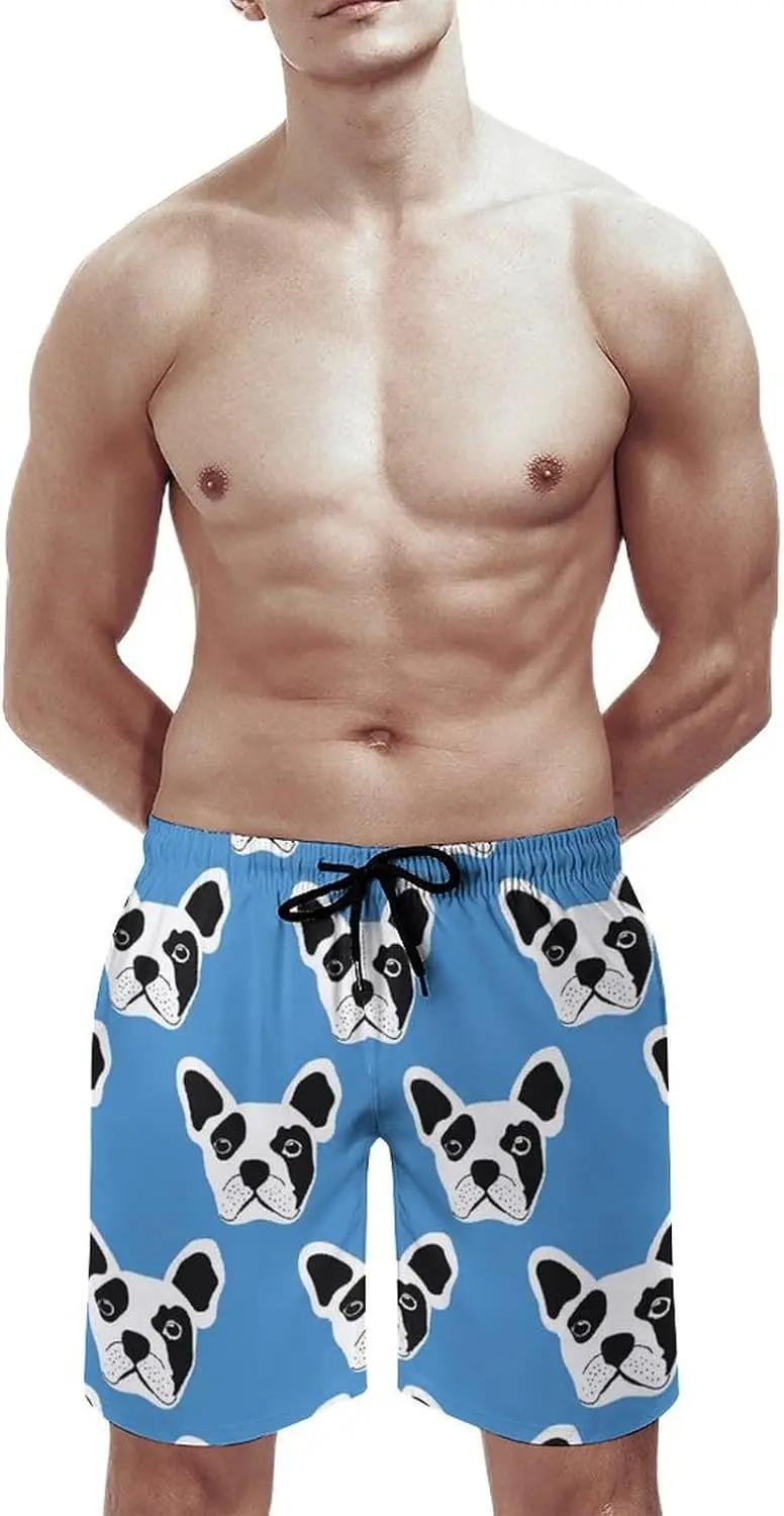 Bulldog Blue Animal Beach Shorts for Men Hawaiian Swim Board Shorts Mesh Lining Swimming Trunks Pocket