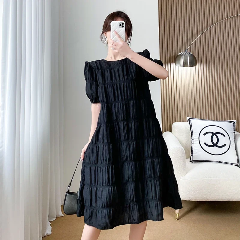 Beige Black Pregnancy Summer Dress Puff Sleeve Maternity Chiffon Dress Sweet Pregnant Woman Brief Pleated Dress