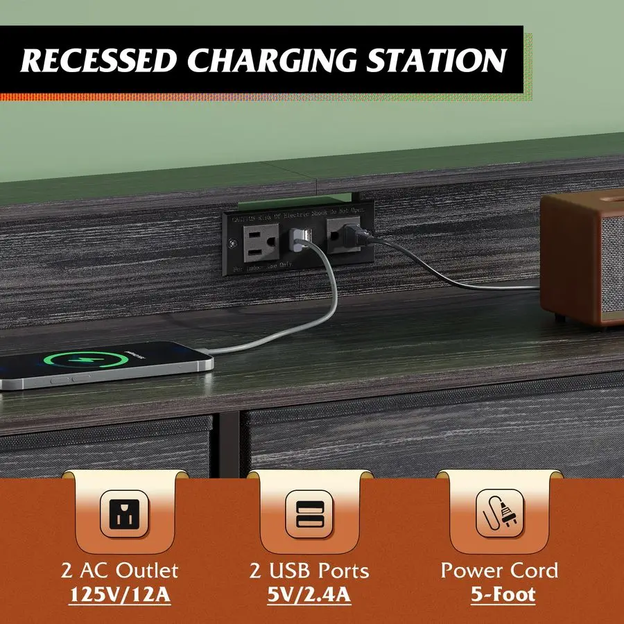 ตู้วางทีวีสีดำสำหรับทีวีขนาด 45, 50, 55 นิ้ว, ศูนย์รวมความบันเทิงพร้อมไฟ LED และแท่นชาร์จ, ตู้ลิ้นชัก