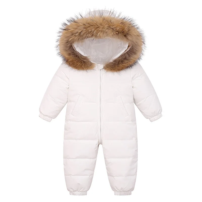 OLEKID 2025 Baby Boy Winter Romper Hooded Warm Real Raccoon Fur Baby Girl Snowsuit Toddler Down Jacket Jumpsuit Infant Overalls