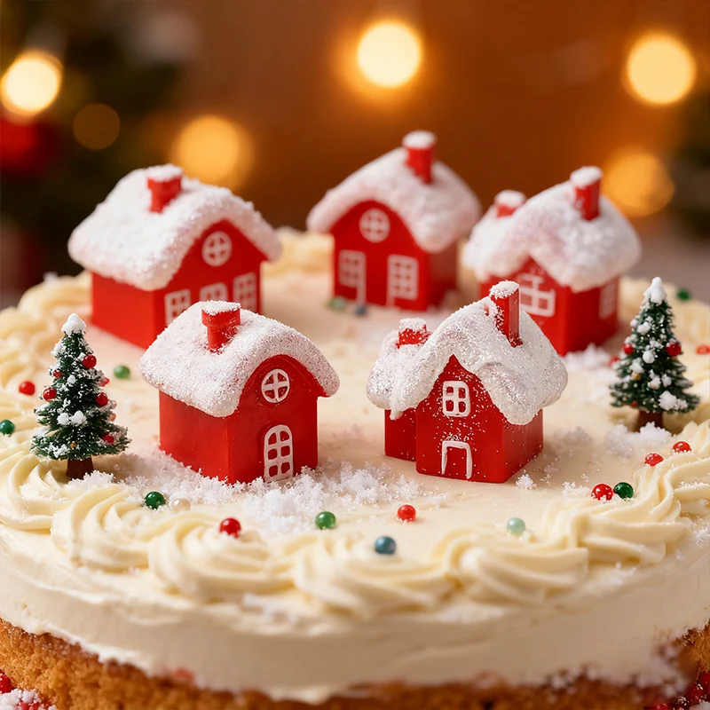 4 Stücke Weihnachten Harz Miniatur Rotes Haus Winter Dorf Schneehaus Weihnachten Dekoration Ornament Neujahr Party Kuchen Dekor