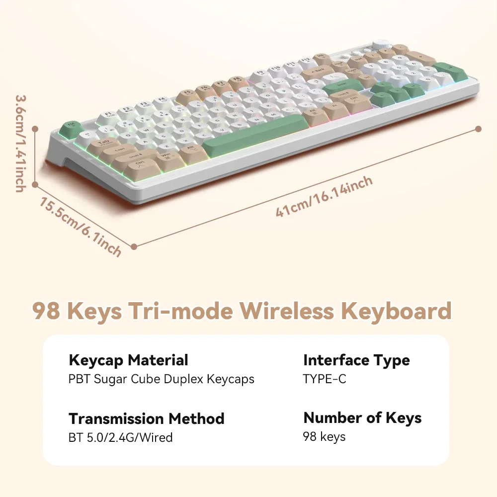 لوحة مفاتيح لاسلكية مع مقبض ومفاتيح الوسائط، 98 مفتاحًا، 3 أوضاع، BT، 2.4G، USB-C، قابلة لإعادة الشحن، غشاء RGB، Win، Mac، Office #6