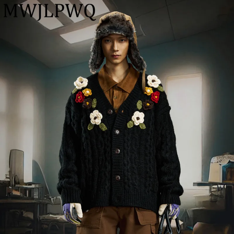 

MWJLPWQ Unisex Handmade Crochet Three-dimensional Decorate High-end Sweater Male High Street Loose Cardigan Knitted Tops 12539