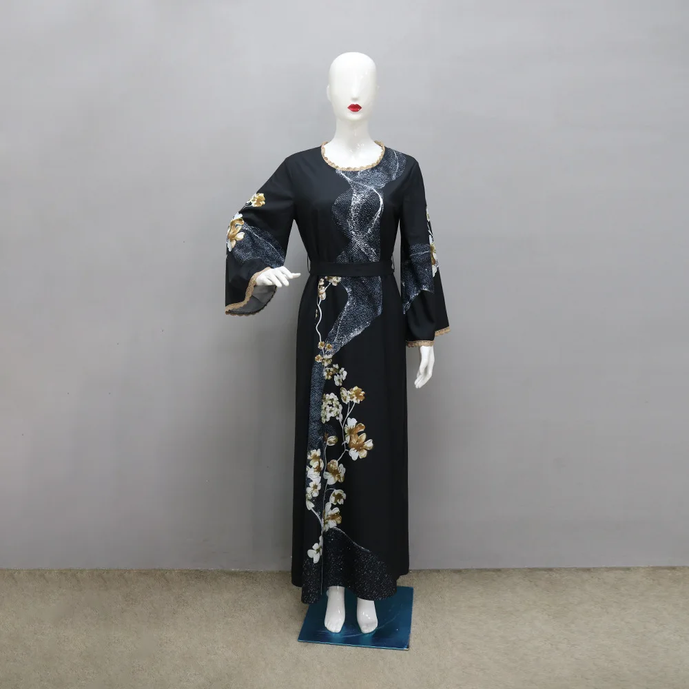 Vestido estampado em flores com faixa para mulheres, abaya hijab, véu, robe de diamantes, kaftan com renda, vestido longo muçulmano, moda, conjunto 2 peças