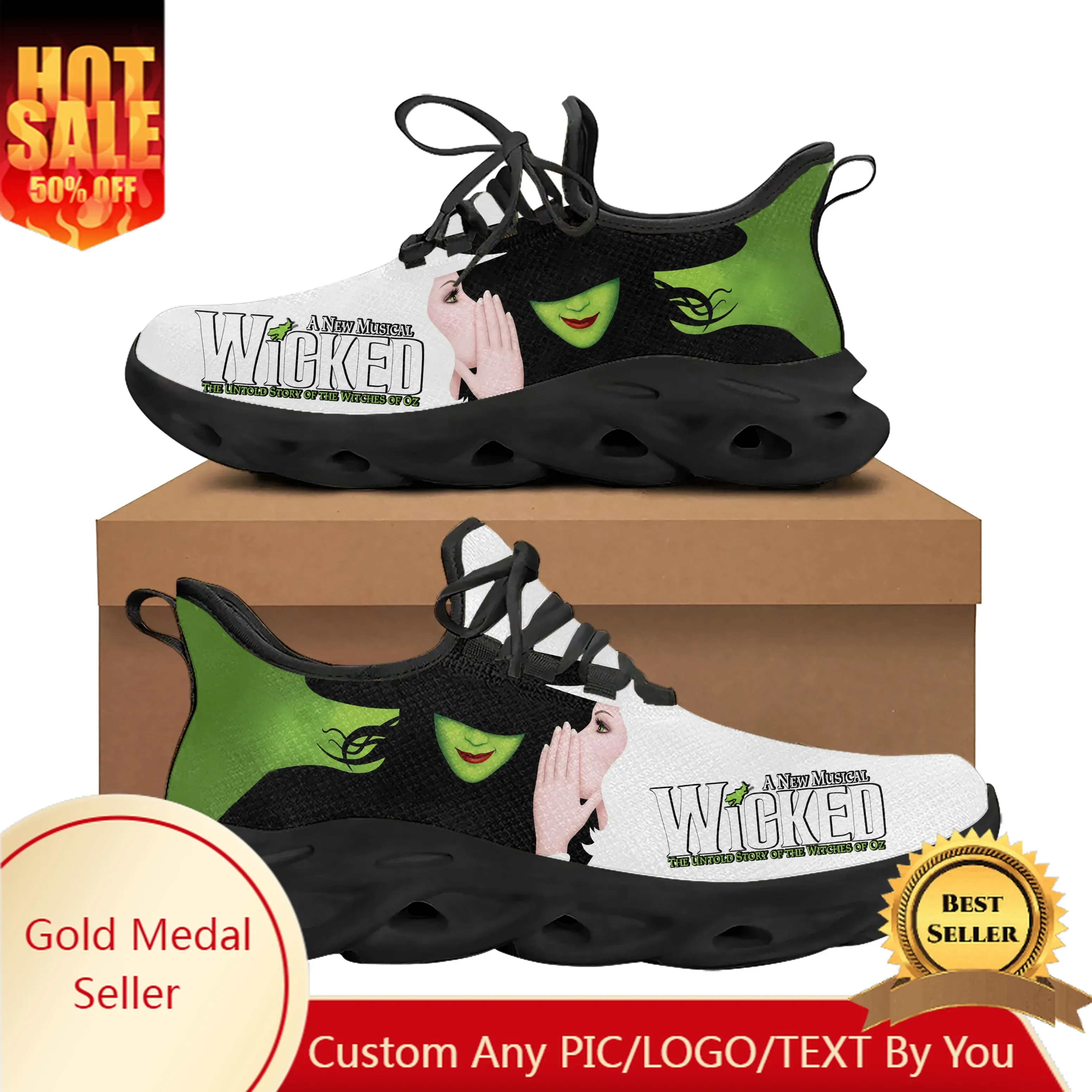 

WICKED He Musical Elphaba Wicked Witch of the West Кроссовки на плоской подошве Мужская женская спортивная обувь Качественная сетчатая обувь на шнуровке на заказ