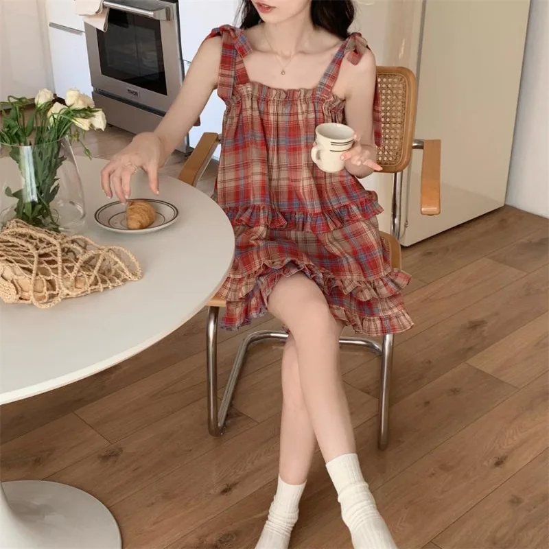 Ins Camis Pajamas Women Summer Red Plaid Ruffles Sleeveless Loose Preppy Home Nightwear Korean Sweet Vintage Female Pjs Thin