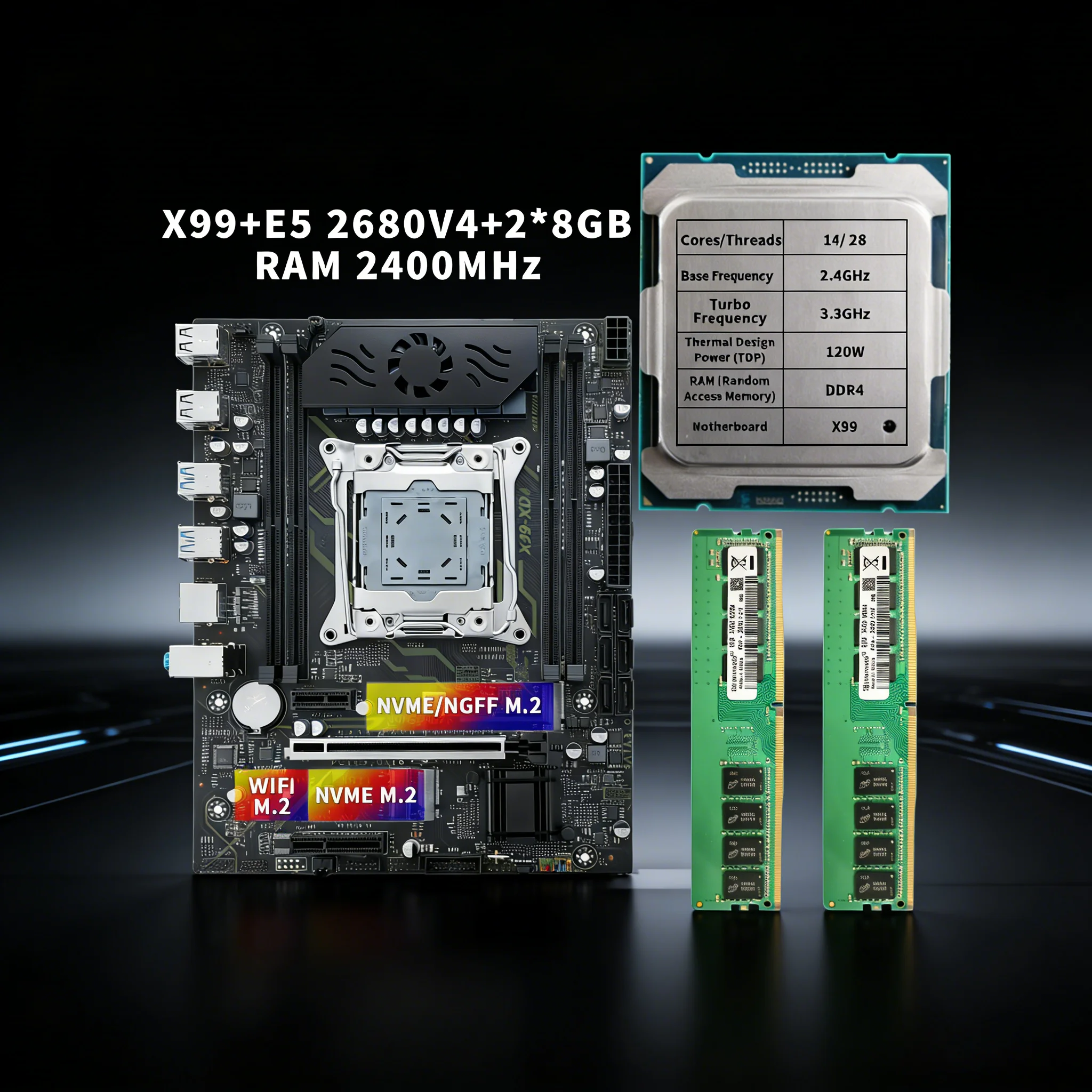 X99 Motherboard with combo kit set XEON E5 2680 V4 16GB 2400MHz (2*8G) DDR4 REG ECC Memory NVME NGFF USB 3.0