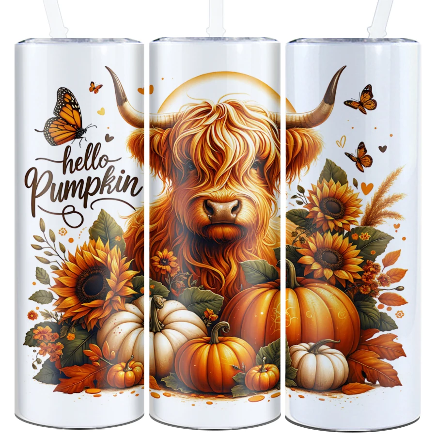 20oz Water Bottle Straw Lid 1Pc Stainless Insulated Cups Straight Mugs 3D Print Fall Highland Cow Party Tumblers Birthday Gifts