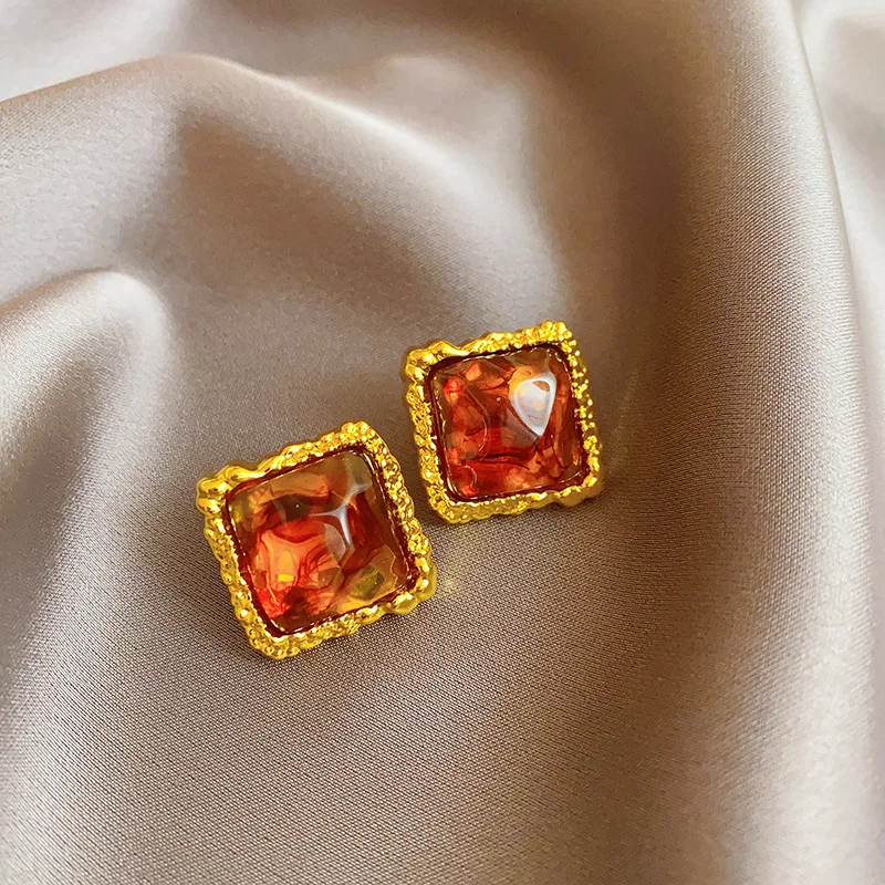 Pendientes redondos cuadrados marrones, pendientes de resina de la serie Maillard Vintage francesa, pendientes geométricos irregulares para niñas, joyería para las orejas