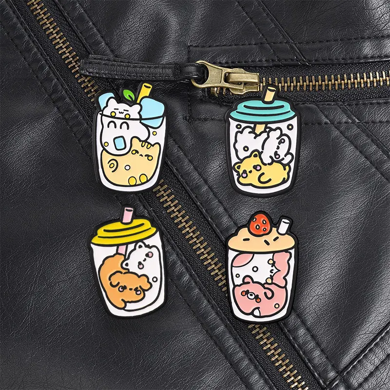Strawberry Top Boba Tea Pink Animal Enamel Pin Cute Kawaii Sweet Style Pink Animal with Pearls for Girls Bags Jackets Gift