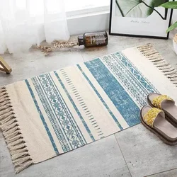 60*90CM Retro Bohemian Hand Woven Cotton Linen Carpets Tassel Bedside Rug Geometric Floor Mat Living Rooms Bedrooms Home Decor