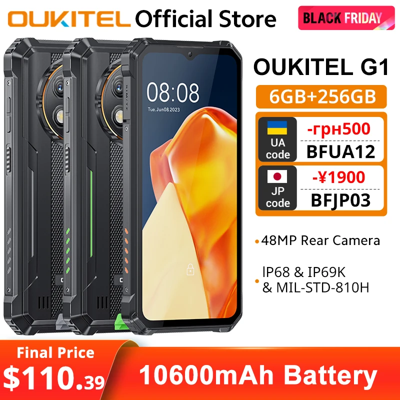 Oukitel G1 Rugged smartphone Global Version 6.52‘' HD+ 10600mAh 6GB+256GB Android14 48MP Camera cellphone NFC