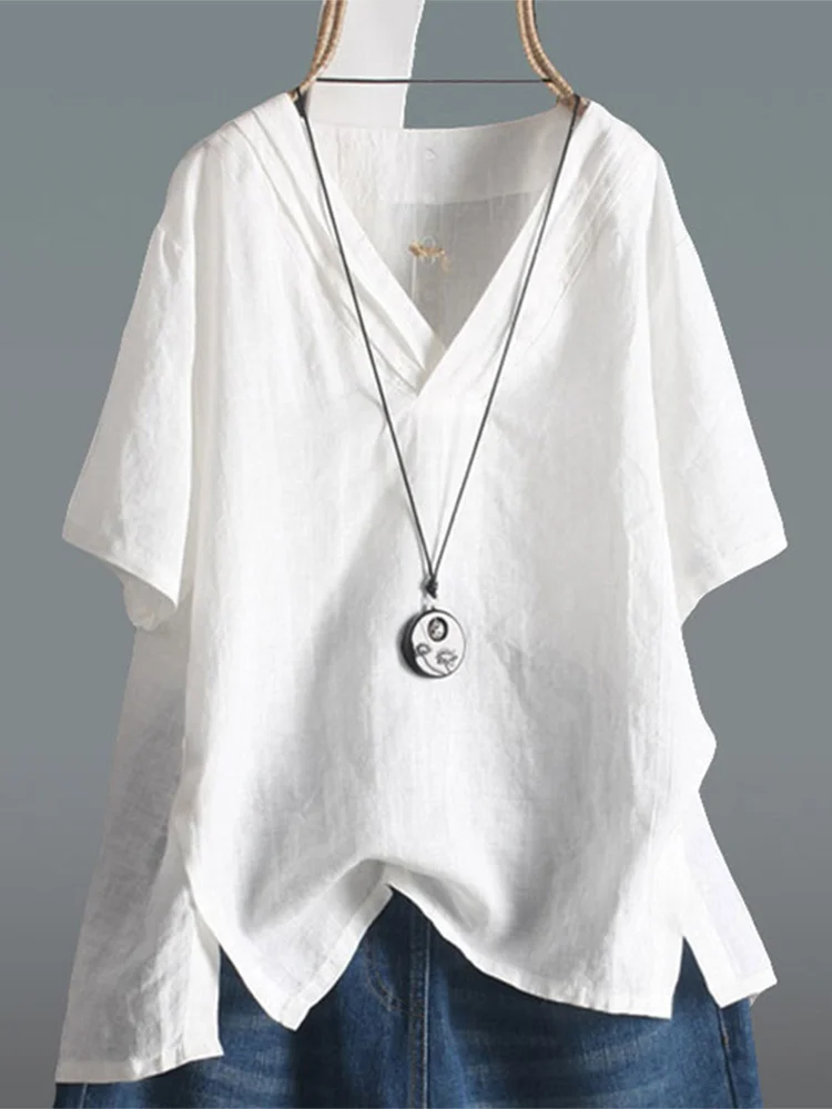 

Faionable Асимметричный Хлопковый Лен ort Sve irt Лето Большой Размер Женский Свободный Художественный Цвет V-ne Тонкая Подкладка...