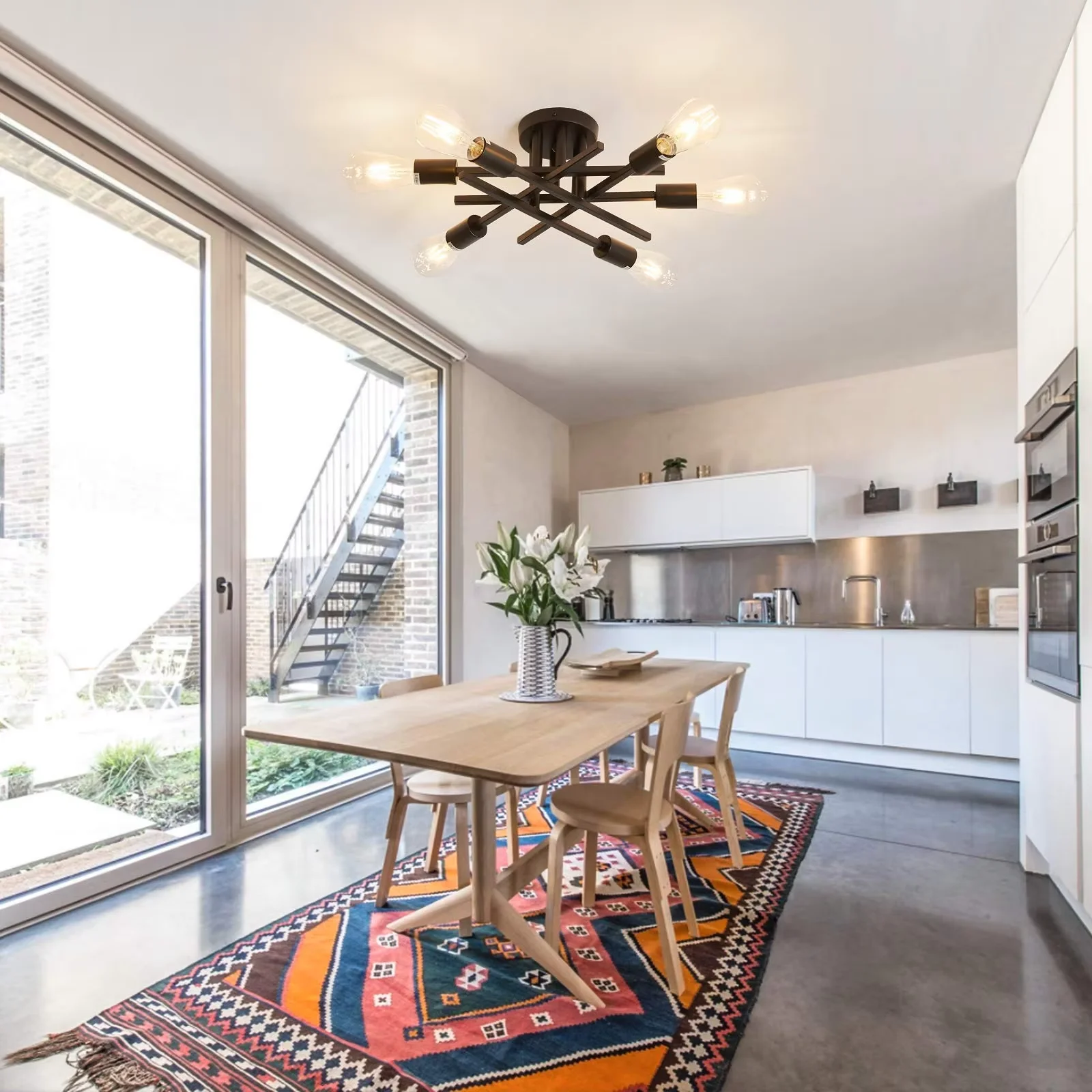 Semi Flush Mount Modern Ceiling Light Fixture， 6 Lights Black Vintage Matte Sputnik Chandelier Ceiling Lamp with E26 Bulb Base