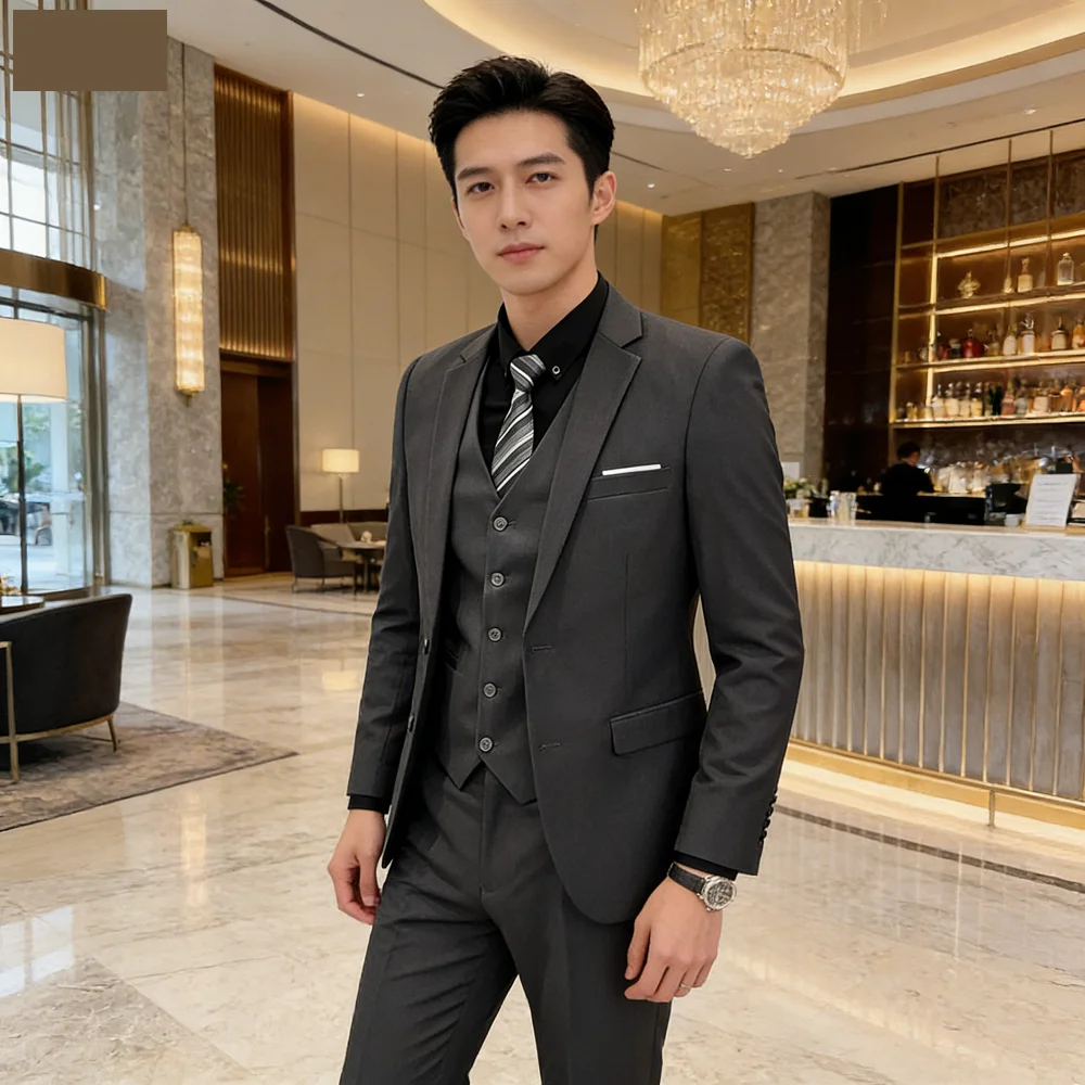 

Мужской деловой повседневный костюм-тройка (пиджак, жилет, брюки) приталенного кроя, однотонный, для улицы, модный, для свадьбы, для ведущего, официальная одежда, Terno De Caval