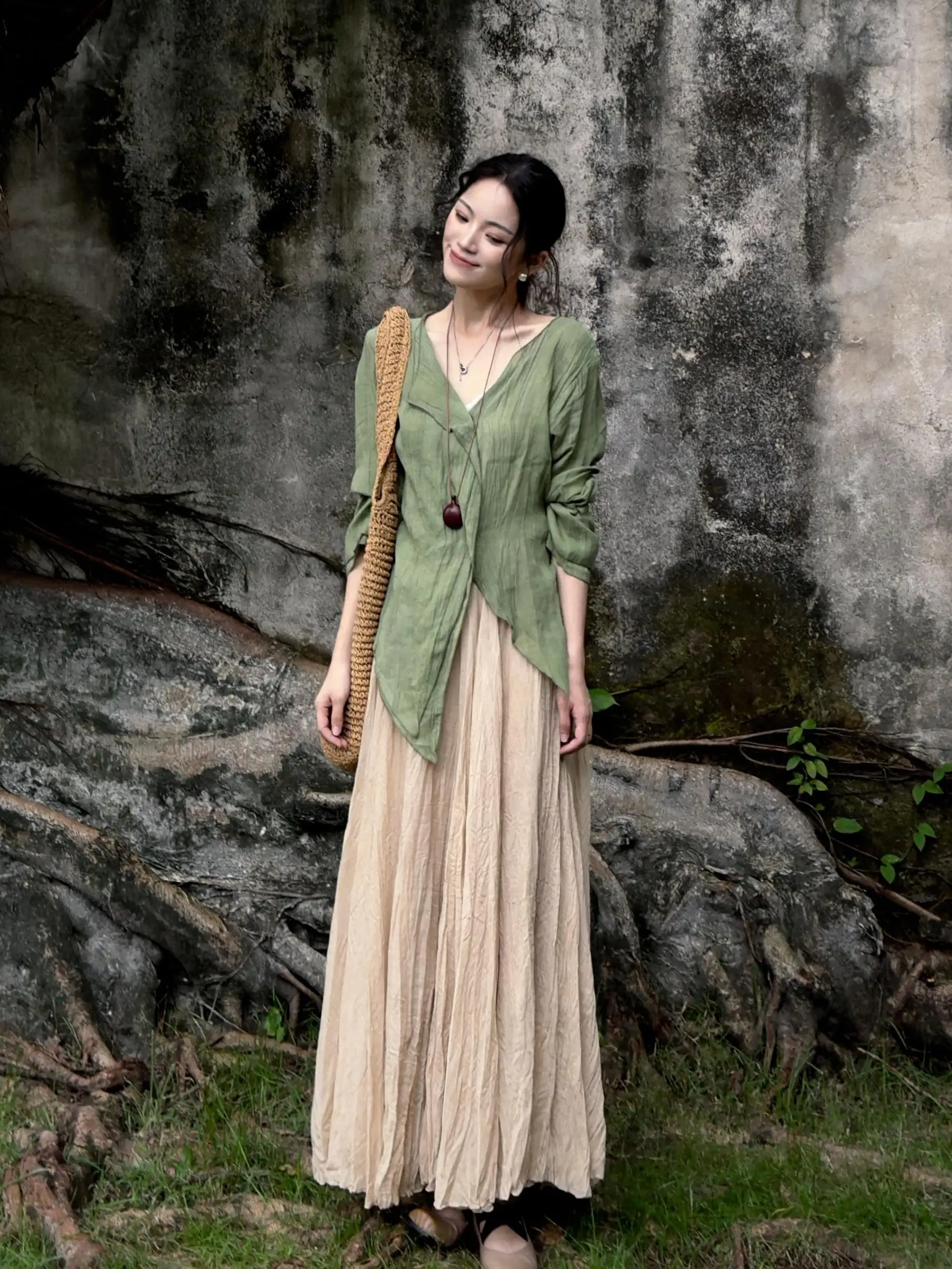 Elegant Retro Women's Long Dress New Chinese Hemp Shirt Cold Tone Zen Style Set Simple Clothing Daily Wear Female Fashion