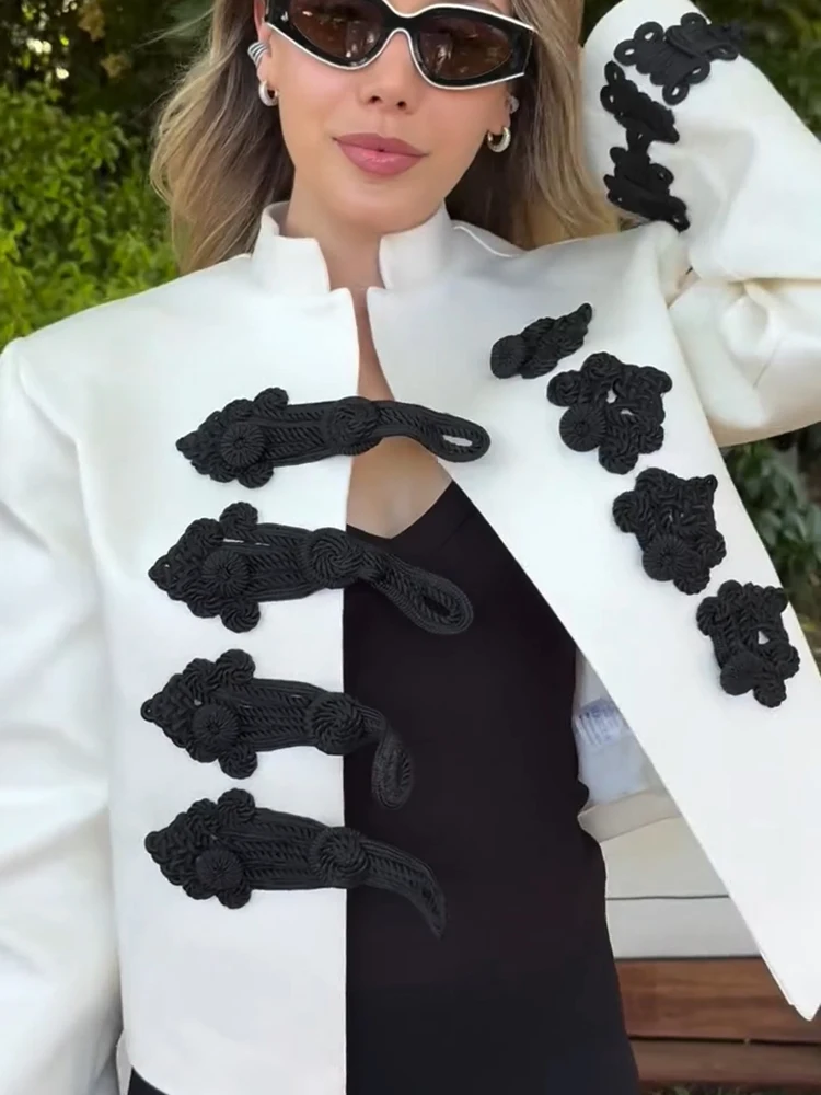 Elegant Oriental Frog Button Jacket Stand Collar Long Sleeve Heavy Craft Short Outerwear 2026 Spring Autumn Chic Lady Jacket