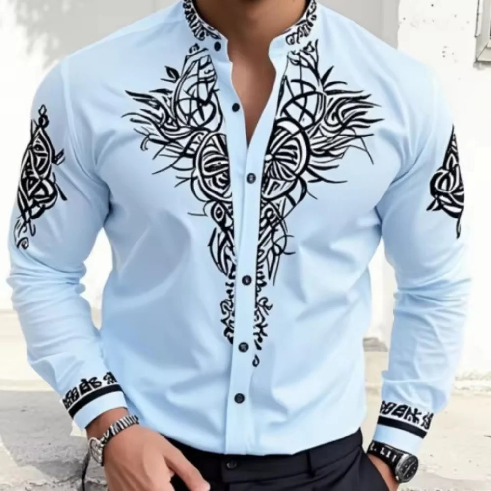 幾何学模様の花柄プリントが施された、新しいメンズラペルシャツ。アウトドアストリートファッションデザイン、カジュアルなハワイアン長袖シャツトップス。