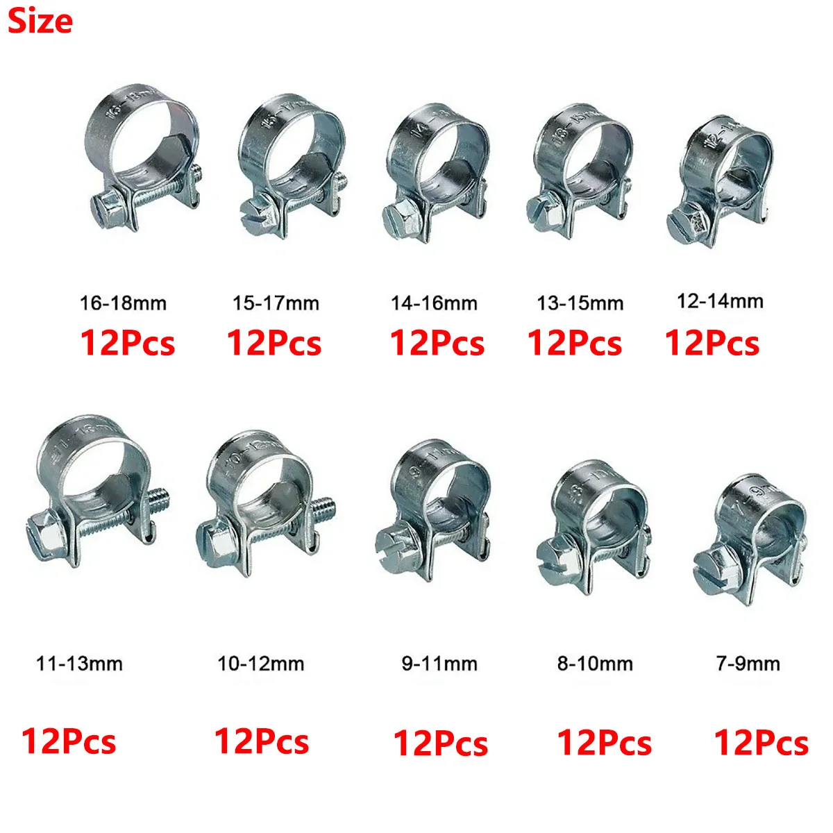 120Pcs 7-18mm Mini Clamp Fuel Injection Hose Air Hose Clamps Assortment Kit Diesel Petrol Metal Pipe Clips Water Assorted Kit