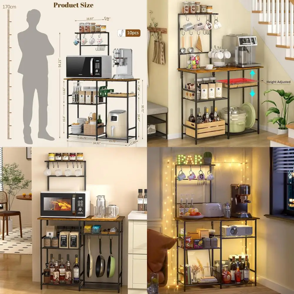 

Rustic Brown 6-Tier Coffee Bar with Storage Rack, Microwave Stand, and Spice Rack