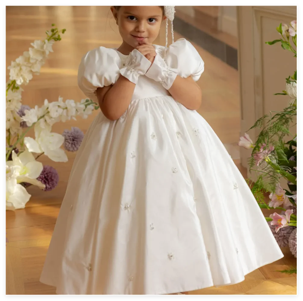 Vestido de niña de flores con cuentas de satén blancas de lujo, con guante, longitud hasta el tobillo, para Princesa, cumpleaños, boda, fiesta de baile