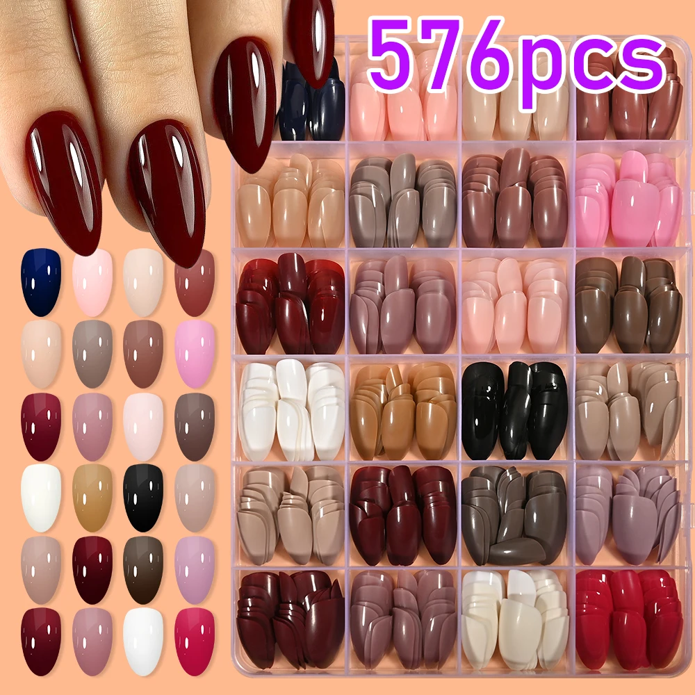 

576 шт. 24 цвета, миндалевидные накладные ногти, однотонный темный цвет, полное покрытие, носимые акриловые накладные ногти, наращивание маникюра своими руками