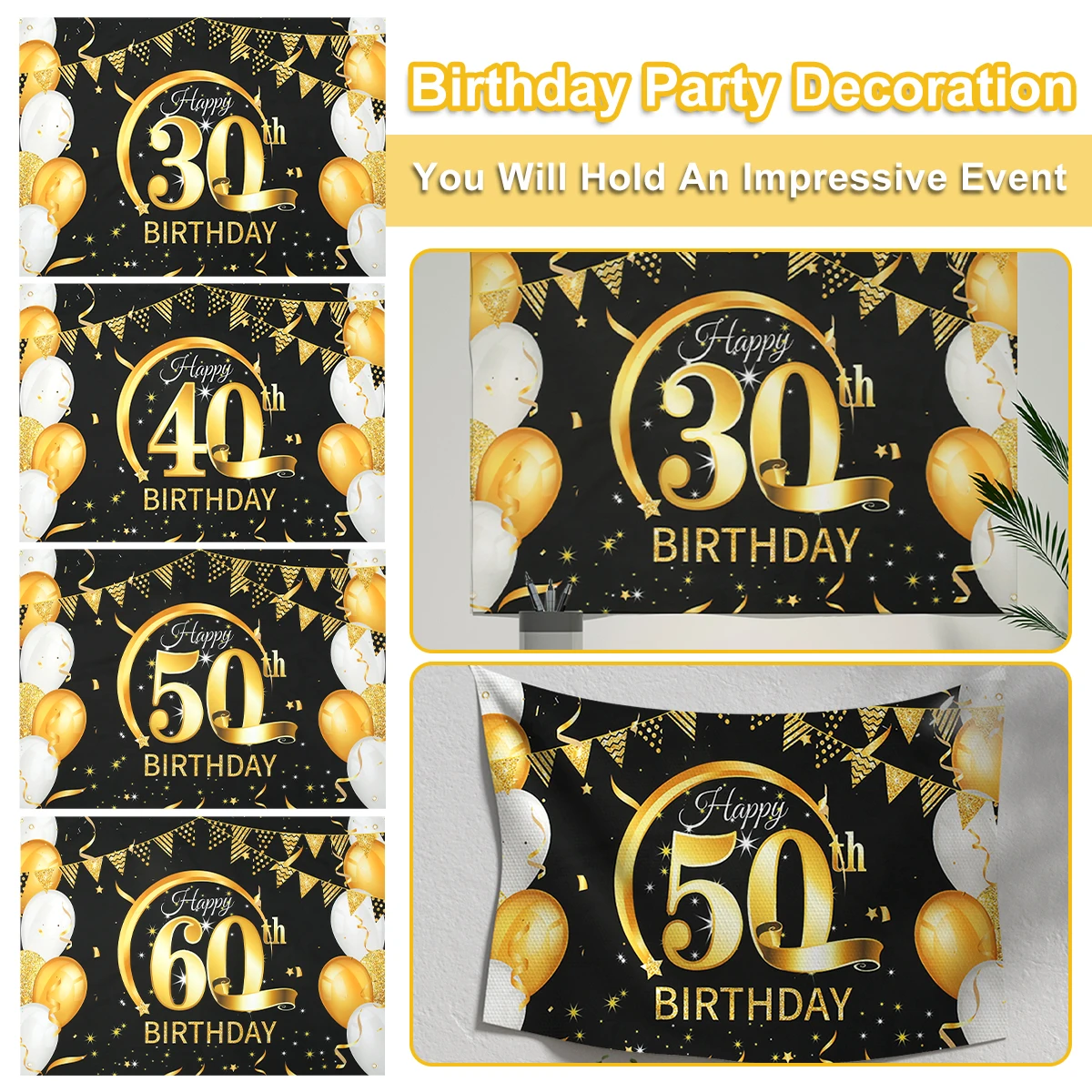 Black Gold Happy Birthday Banner Balloon Flag Adult 30th 40th 50th 60th Birthday Party Decoration Supplies Bunting Anniversary