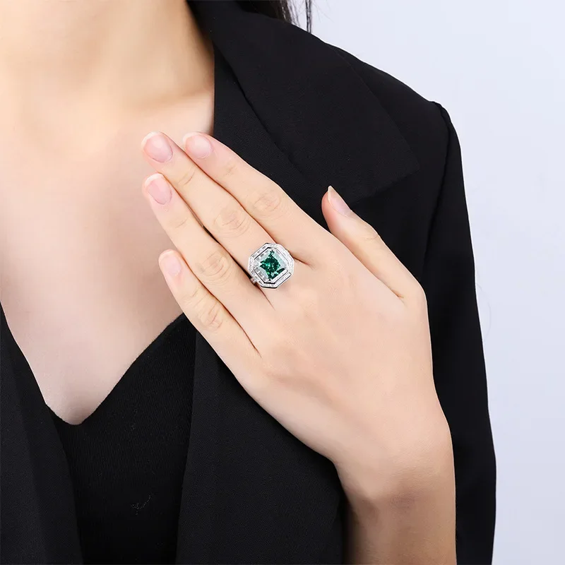 S925 Silver High Carbon Diamond Sparkling Ice Cut Princess Plaza 10 * 10 Luxury Ring Wedding Jewelry