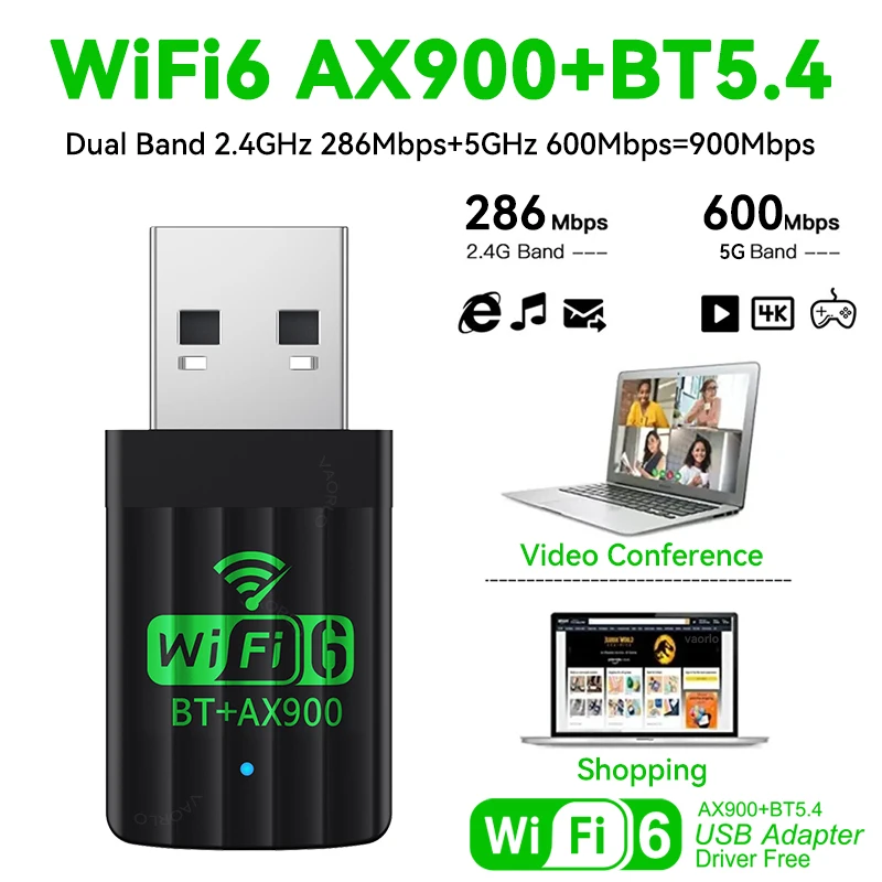 2 IN 1 WIFI6 AX900 USB WiFi Bluetooth 5.4 ワイヤレスアダプター デュアルバンド 2.4G+5GHz 900Mbps ネットワークカード レシーバー ドングル Win10/11対応