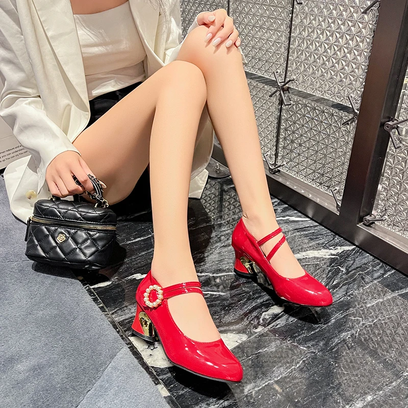 

Модные универсальные удобные нескользящие дышащие женские туфли на высоком каблуке с круглым носком и открытым носком, украшенные бисером