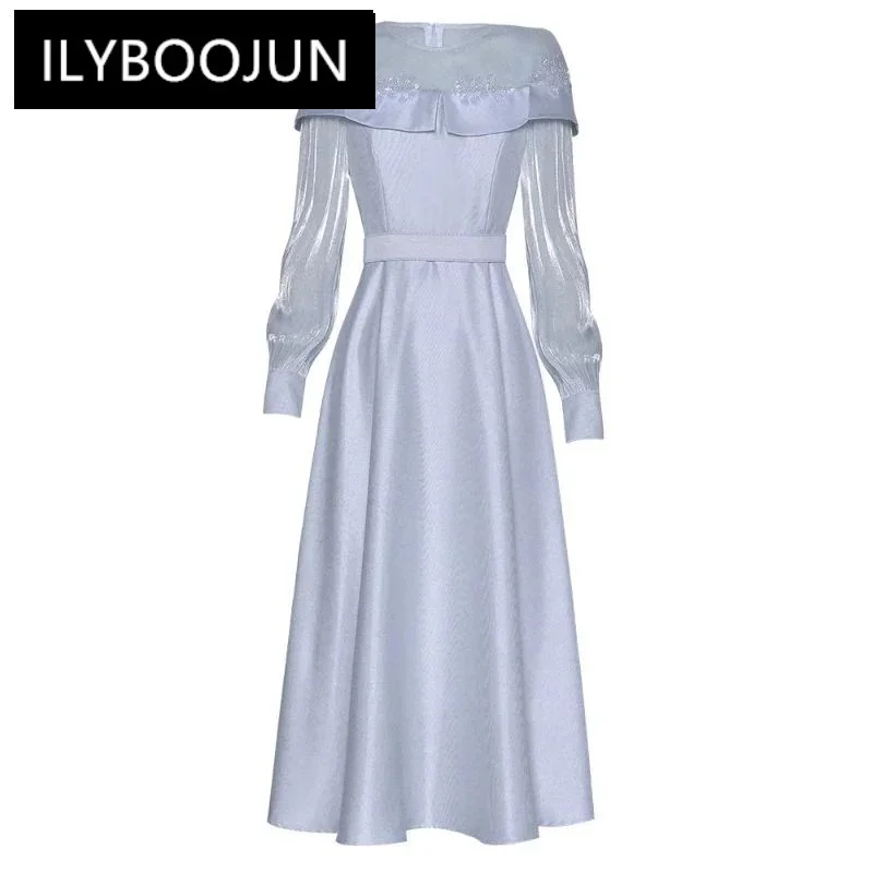 

ILYBOOJUN 2024 Fashion Runway Summer Dress Women Mesh O Neck Flowers Beading Lantern Sleeve Solid Color Princess Midi Dress