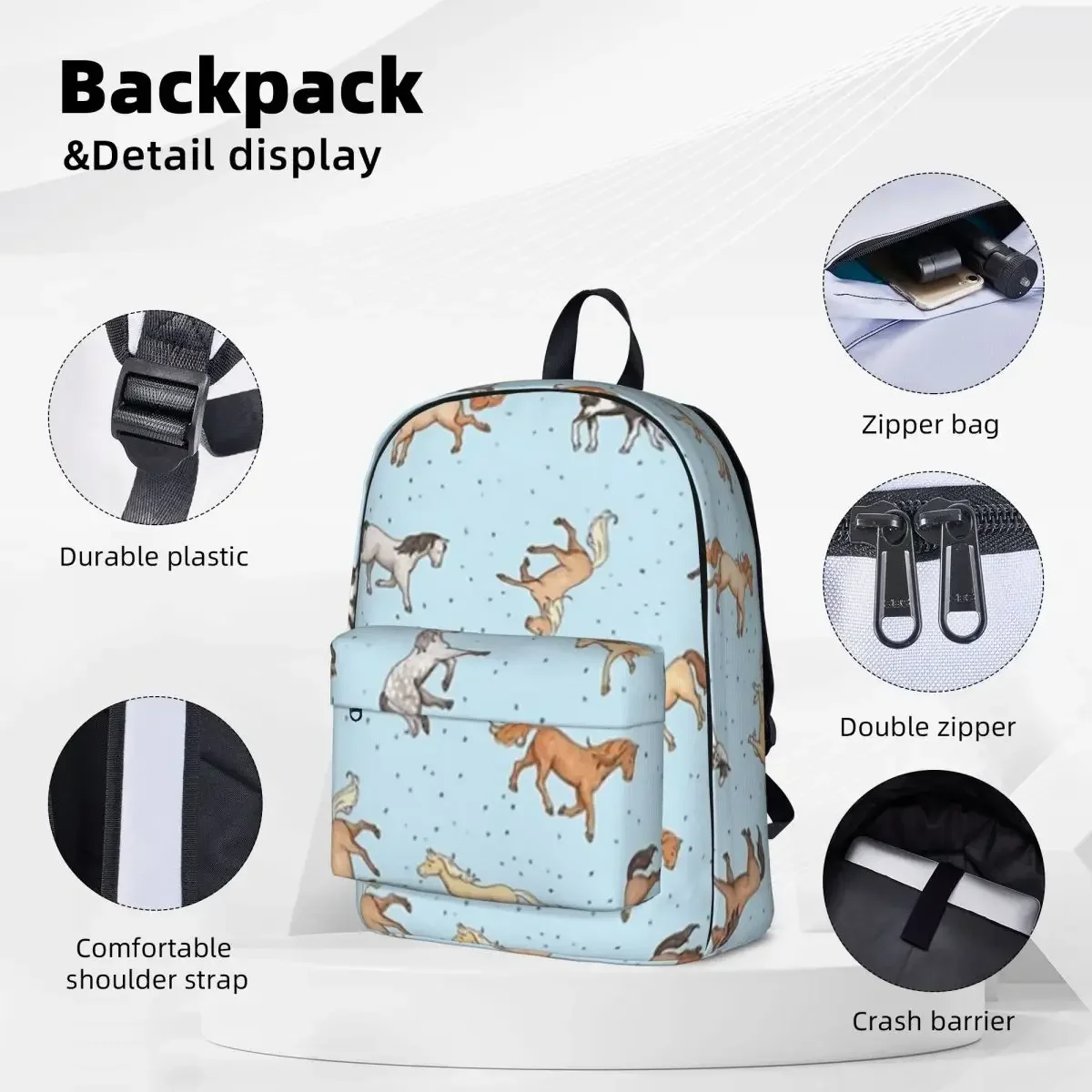 Scattered Horses Spotty On Light Blue Pattern Woman Backpacks Boys Girls Bookbag Waterproof Students School Bags Travel Rucksack