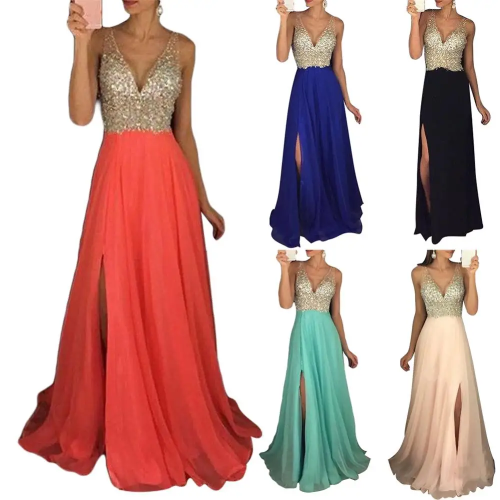 Женское платье, сексуальное платье без рукавов, модное платье с блестками и глубоким V-образным вырезом, длинная юбка