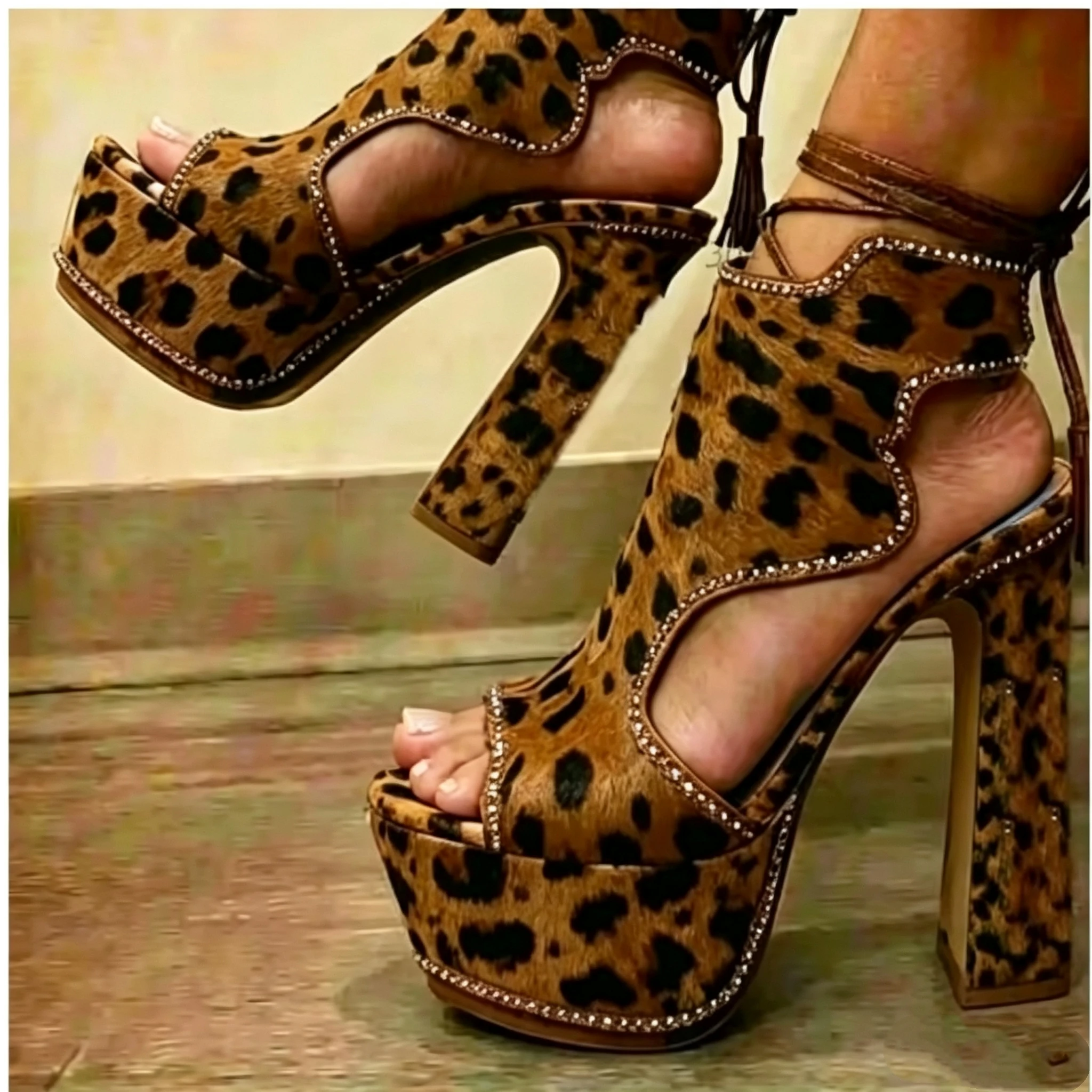 Women's Leopard Print Peep Toe Platform Sandals Rhinestone Trim Cutout Ankle Wrap Lace Up Block High Heels Party Shoes Plus Size
