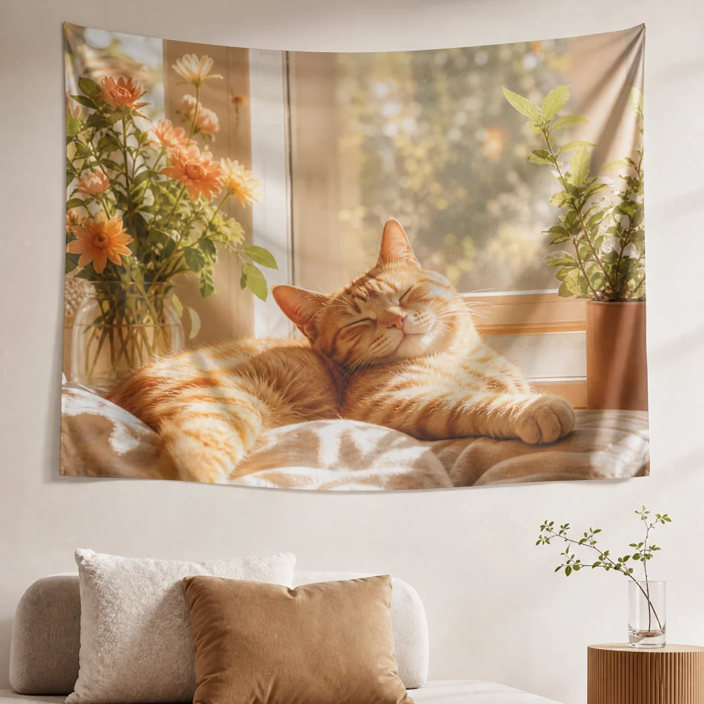 Warm light window sleeping orange cat 150X100CM customizable printed tapestry suitable for bedroom wall background fabric