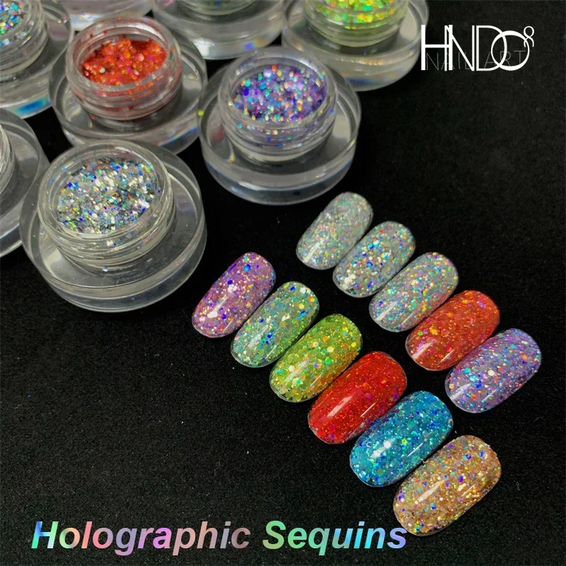 HNDO Sparkle Holographic Sequins Nail Art Glitter Powder for Nails Decoration Colorful Chunky Pieces Manicure Design Glitters